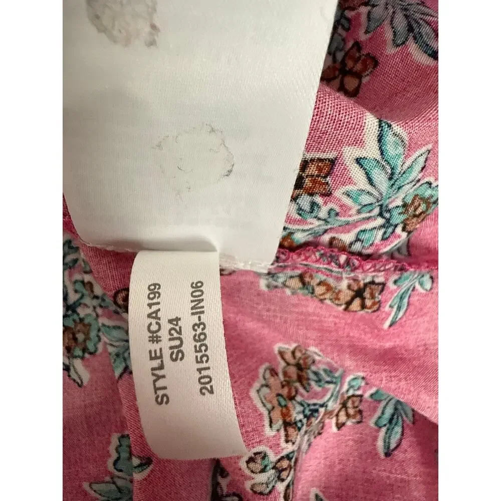 J.Crew Pink Floral Block Print Puff Sleeve Top Sz M Split V Neck Cotton